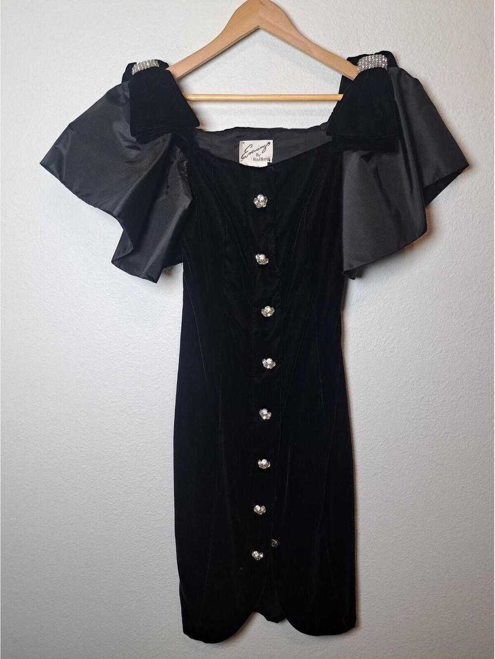 vintage black velvet pearl button dress by ma mere sz XS/S